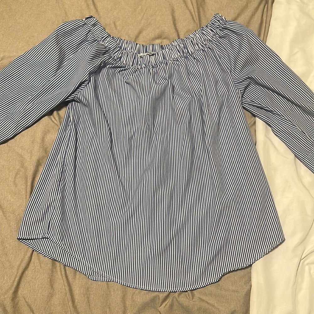 XL Blue off the Shoulder Striped Shirt